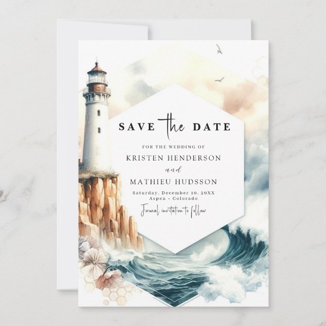 Save The Date Lovely Ocean Romance Mariage de phare (Devant)