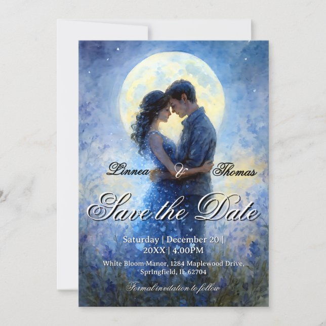 Save The Date Lumière de la lune Mariage Celestin Love Thème Cie (Devant)