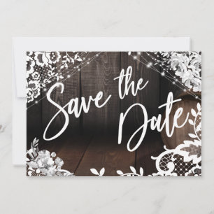 Save The Date Lumières Brown en fût de bois Dentelles et fleurs 