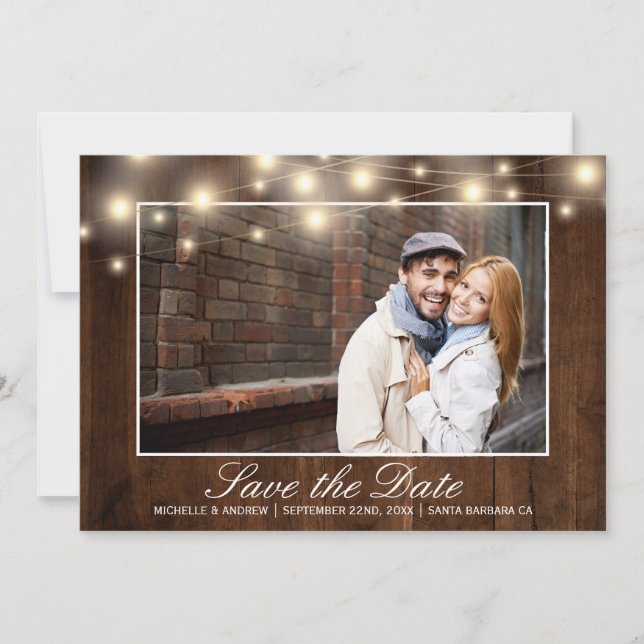 Save The Date Lumières de chaîne de photos en bois rustique | Sa (Devant)