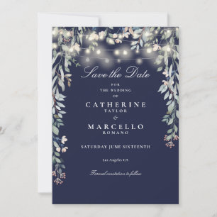 Save The Date Lumières de chaîne florales bleu marine Mariage