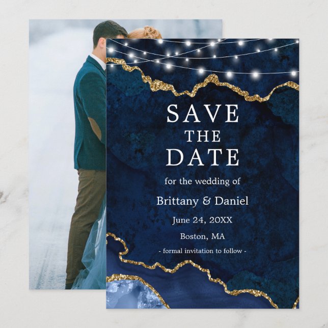 Save The Date Lumières de géode d'agate de marbre de bleu d'aqua (Devant / Derrière)