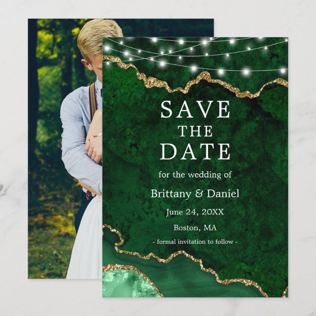 Save The Date Lumières de géode d'agate de marbre vert aquarelle (Devant / Derrière)