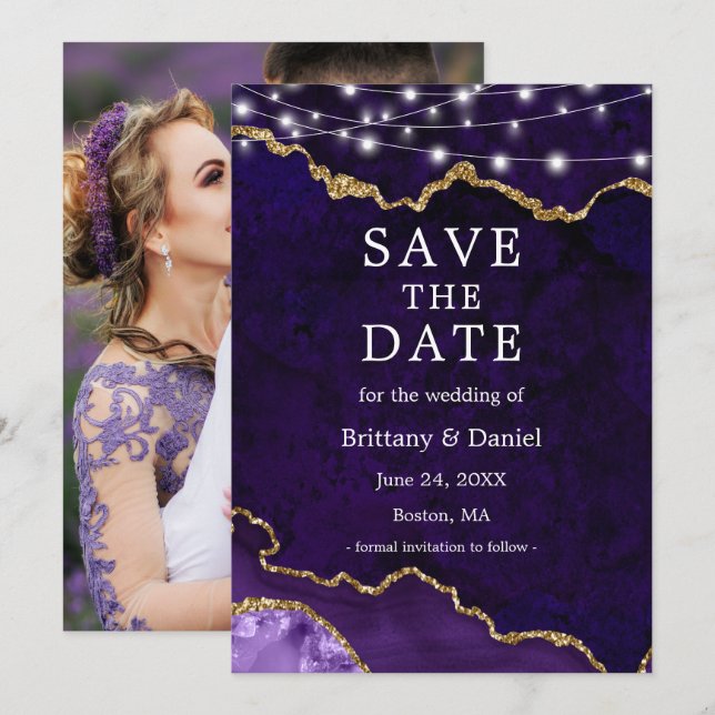 Save The Date Lumières de géode d'agate de marbre violet aquarel (Devant / Derrière)