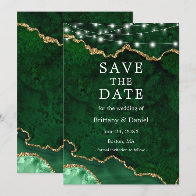 Save The Date Lumières de géode en marbre d'agate verte aquarell (Devant / Derrière)