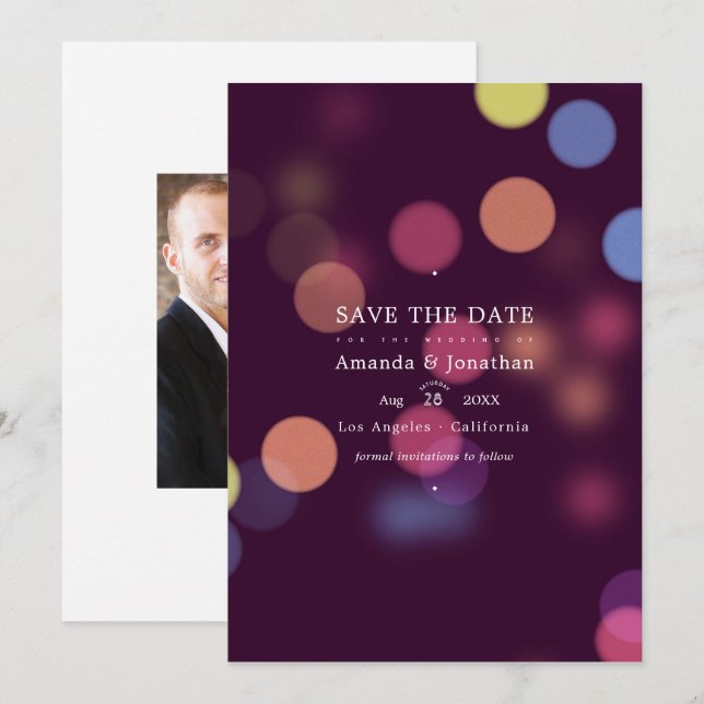 Save The Date Lumières de mariage bokeh modernes classiques (Devant / Derrière)