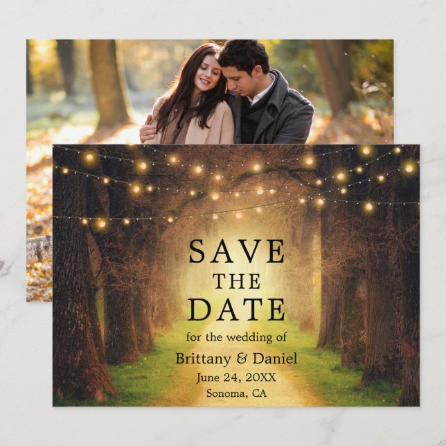Save The Date Lumières de mariage de chemin forestier rustique P (Devant / Derrière)