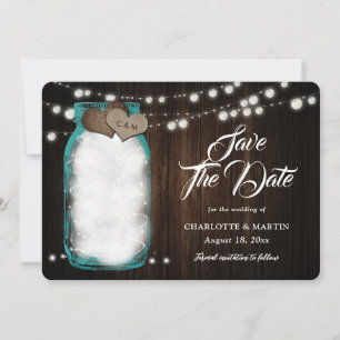 Save The Date Lumières de mariage en jarre de maçon en teal rust