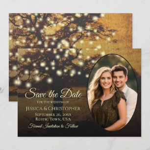 Save The Date Lumières dorées d'arbre rustique & Photo Élégant M