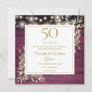 Save The Date Lumières en bois rouge rustique pour le 50e annive
