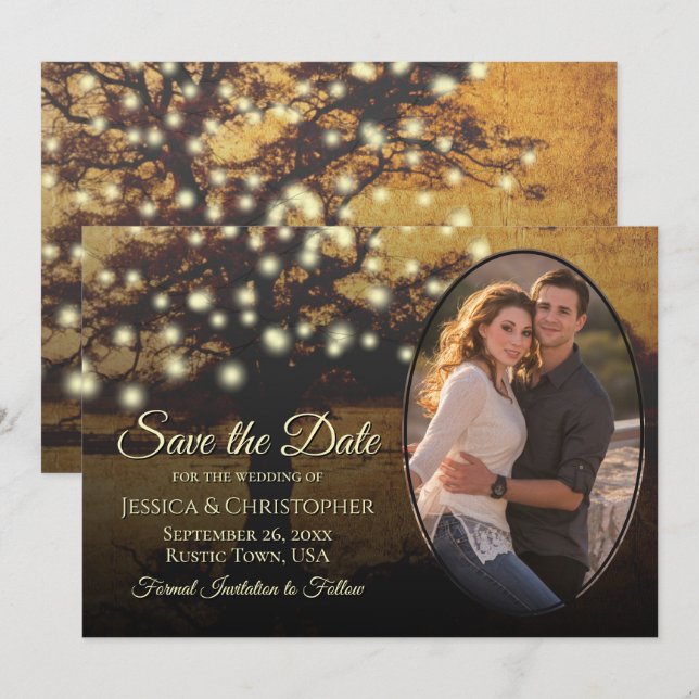 Save The Date Lumières rustiques en Arbre d'Or & Photo Mariage é (Devant / Derrière)