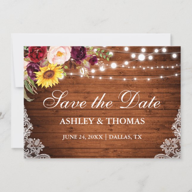 Save The Date Lumières Rustiques En Bois Mélangé Dentelle Floral (Devant)