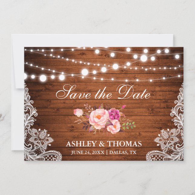 Save The Date Luminaires en dentelle de bois rustique Floral ros (Devant)