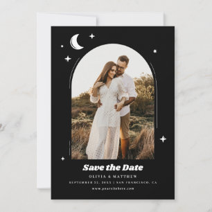 Save The Date Lune céleste et étoiles. Mariage photo noir modern