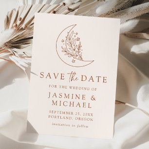 Save The Date Lune et Étoiles Botaniques Élégantes en Terracotta