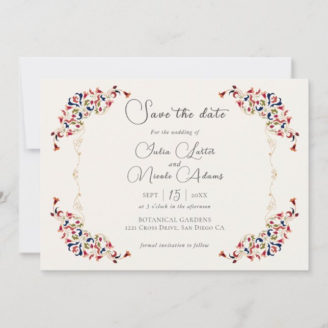 Save The Date Luxe Artistique Botanique Floral Mariage Paisley (Devant)