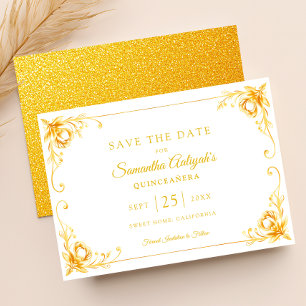 Save The Date Luxe Golden Floral Blanc et Or Quinceanera
