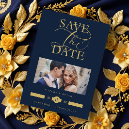 Save The Date Luxurious Fancy Blue Marine Photo Gold Script