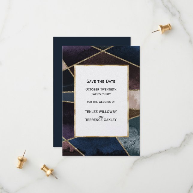 Save The Date Luxurious Gold Geometric Blue Purple Brown Wedding (Devant/Arrière en situation)