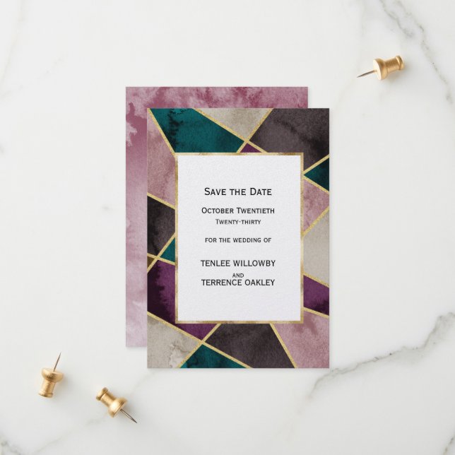Save The Date Luxurious Gold Geometric Green Purple Wedding (Devant/Arrière en situation)
