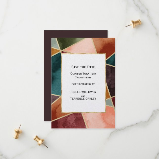 Save The Date Luxurious Gold Geometric Purple Teal Rust Wedding (Devant/Arrière en situation)