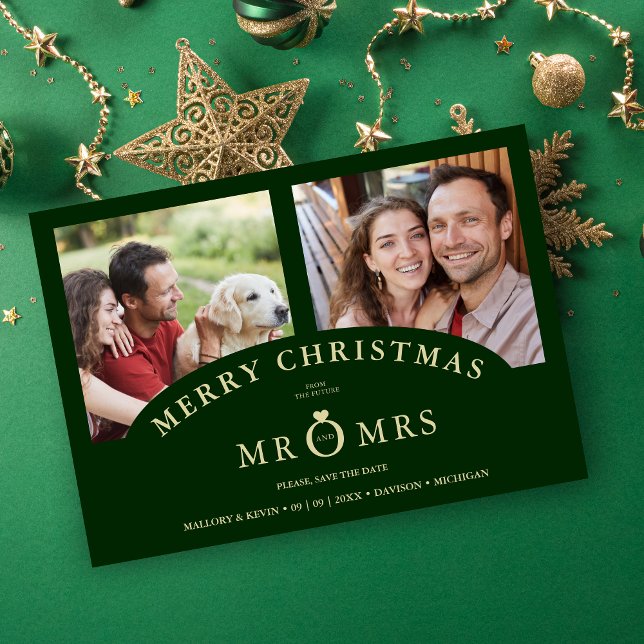 Save The Date Luxurious Trendy Dark Green Christmas 2 Photos (Luxurious Trendy Dark Green Christmas 2 Photos Wedding Save the Date Card as a Holiday Card.)