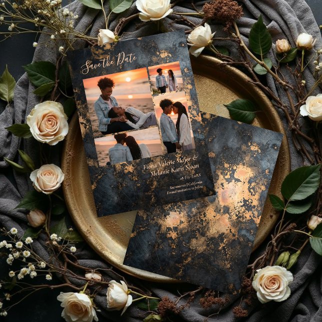 Save The Date Luxury Dark Grey Gold Wedding 4 Photo Collage (Sophisticated Wedding Charcoal Black Gold Effect Abstract Texture 4 Photo Collage.)