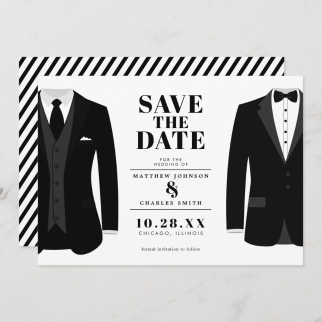 Save The Date M. & M. Mariage Moderne Tux Noir - Épargnez la Dat (Devant / Derrière)