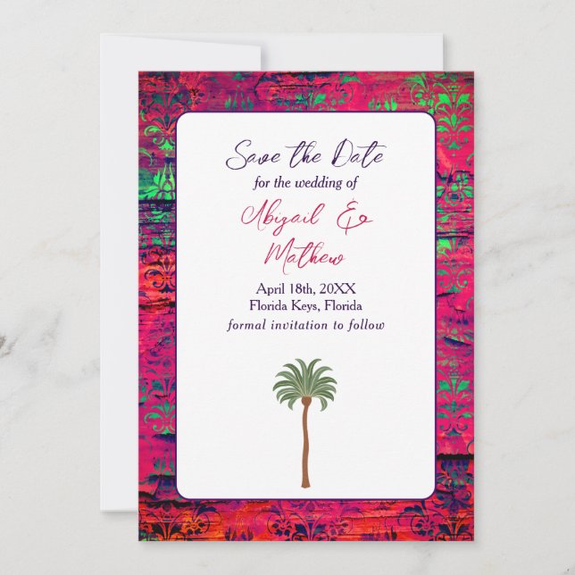 Save The Date Magenta et palmier tropical Mariage Inde (Devant)