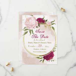 Save The Date magenta fleurs roses feuilles verts