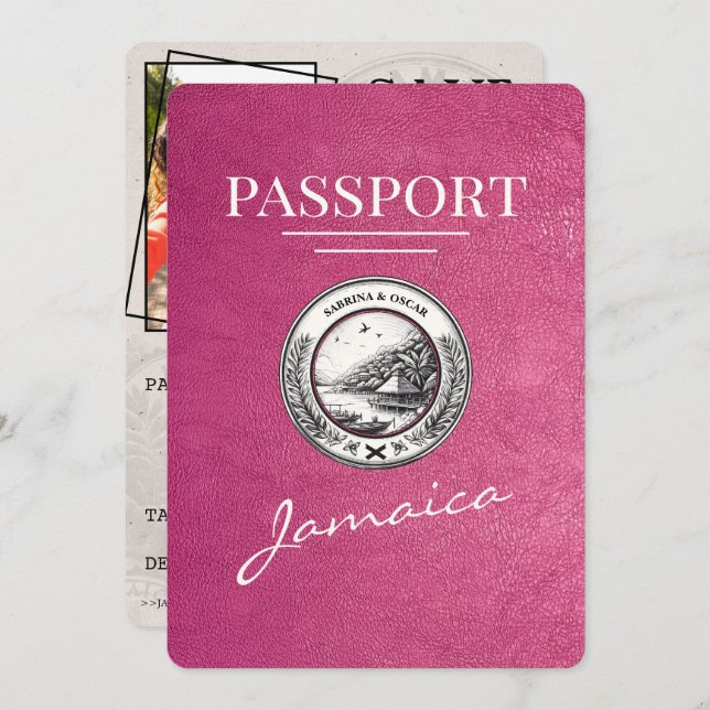 Save The Date Magenta Pink Jamaïque Passeport Enregistrer La Dat (Devant / Derrière)