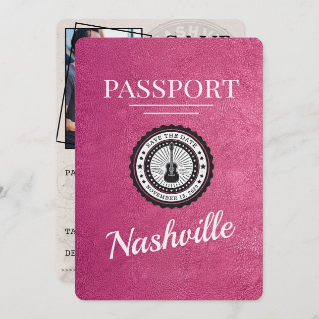 Save The Date Magenta Pink Nashville Passport Enregistrer La Dat (Devant / Derrière)