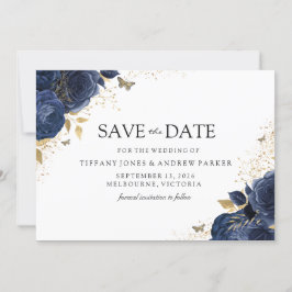 Save The Date Magic Navy Indigo Rose Gold Floral Mariage