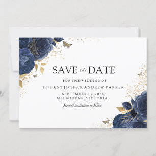 Save The Date Magic Navy Indigo Rose Gold Floral Mariage