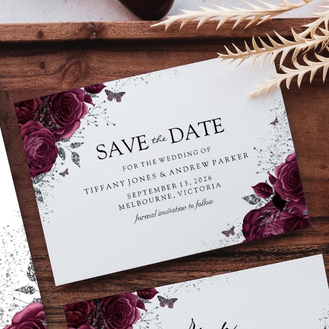Save The Date Magique Bourgogne Maroon Rose Mariage floral (Créateur téléchargé)