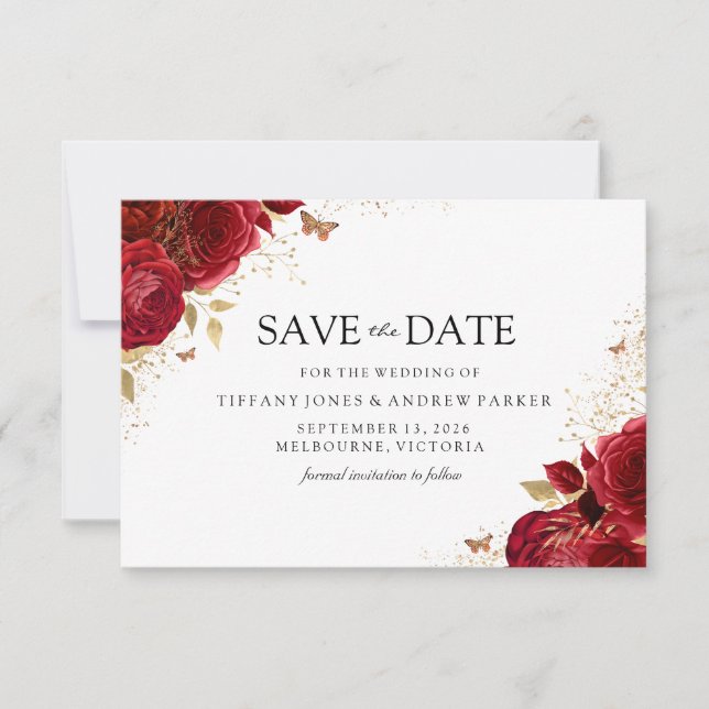 Save The Date Magique Romantique Roses Rouges Or Floral Mariage (Devant)