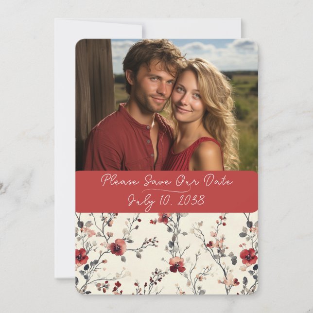 Save The Date Magnifique floral élégant rouge et rose  (Devant)