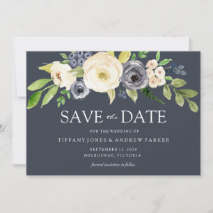Save The Date Magnifique Marine & White Watercolor Flowers Maria