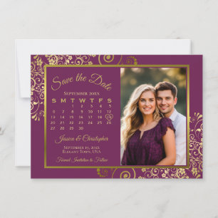 Save The Date Magnifique Plumet Magenta Et Calendrier Photo Doré
