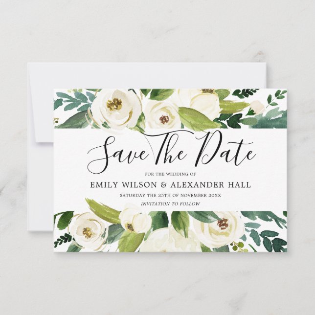 Save The Date Magnifiques Fleurs Blanches Verdure Mariage de Pri (Devant)