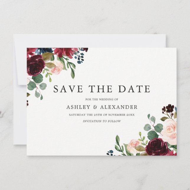Save The Date Magnifiques Fleurs Roses et Bourgeon Élégant Maria (Devant)