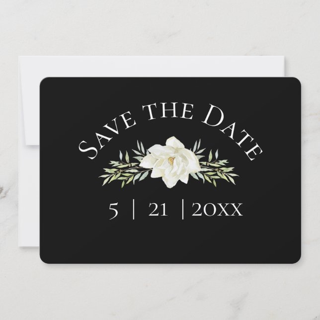 Save The Date Magnolia blanc sur noir Enregistrer la date avec p (Devant)