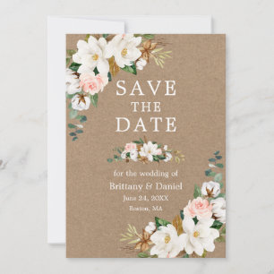 Save The Date Magnolias blancs Roses roses roses Aquarelle Kraft