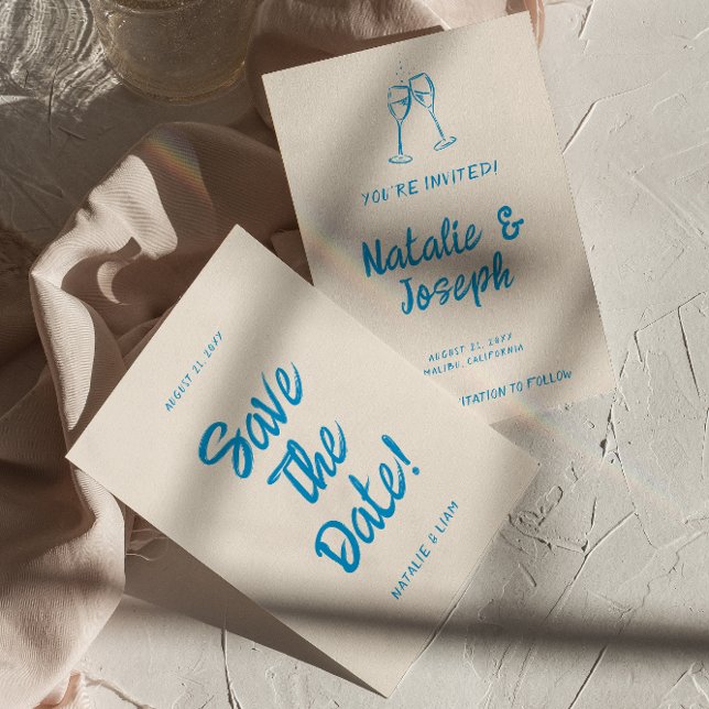 Save The Date Main Bleue Moderne Tirée Bright Retro Quirky Maria (Créateur téléchargé)