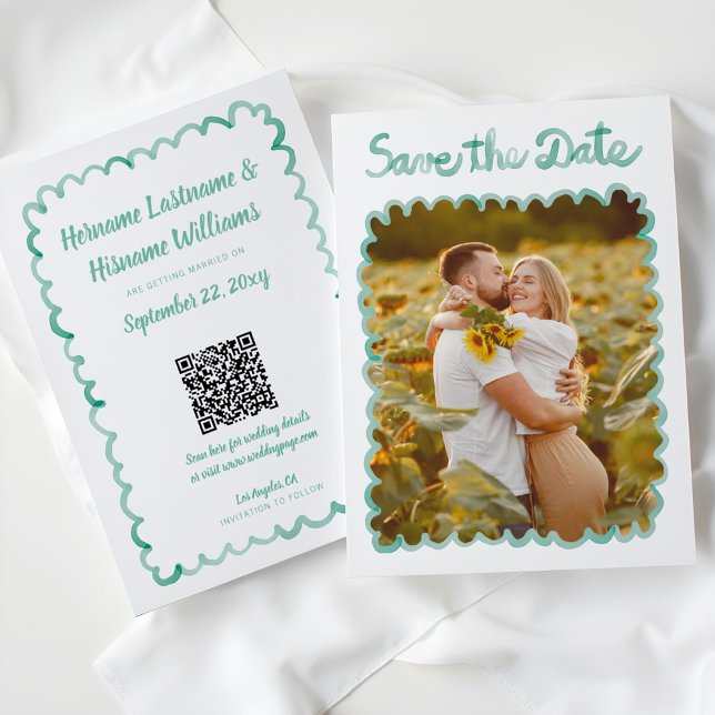Save The Date Main lunaire tirée verte Photo QR Site Web (Créateur téléchargé)