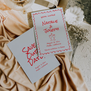 Save The Date Main rétro dessinée Écrite Rouge Quirky Funky Mari