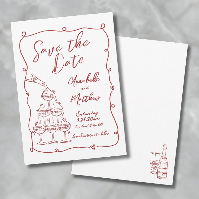 Save The Date Main Whimsical Tirée Mariage Rouge Enregistrer La  (Whimsical Hand Drawn Red Wedding Save The Date)