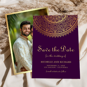 Save The Date Mandala de mariage indien en or violet pour photo