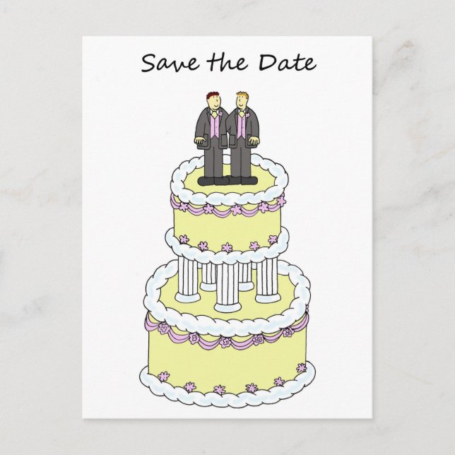 Save the Date männliches Paar auf dem Kuchen Ankündigungspostkarte (Vorderseite)