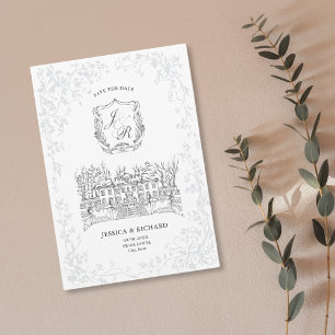 Save The Date Mansion de Mariage Whimsical Dessiné À La Main Sur